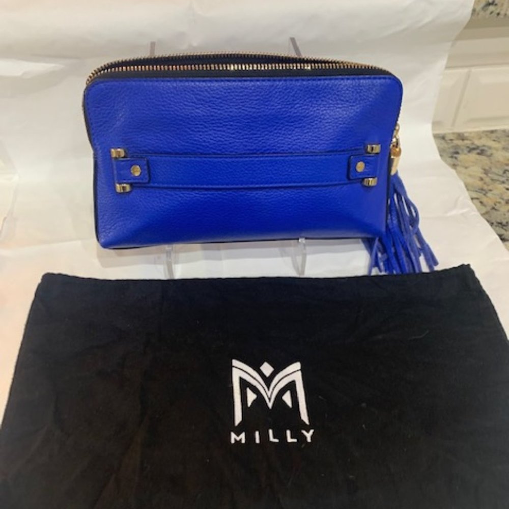 Milly NY Royal Blue Astor Tassel Pebble Leather Top Zip Clutch